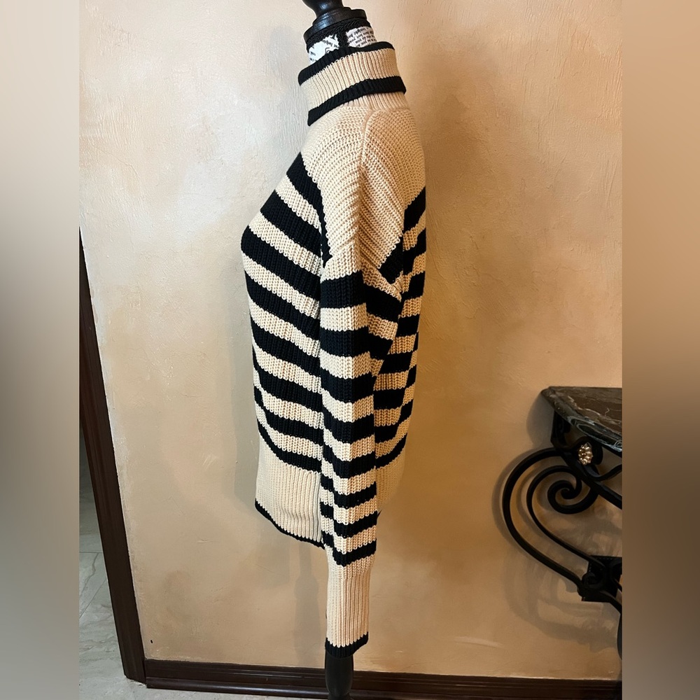 Cabi "Polo Turtleneck" (Item 4477) Women's Striped Sweater - Black and Tan - Picture 3 of 9